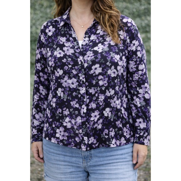 Jones New York Tops - Jones New York Petite Purple Floral Chiffon Button Front Blouse 12P Long Sleeve